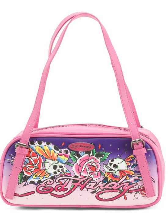 Ed Hardy Handbags - Ed Hardy Pink Floral Skull Shoulder Bag with Purple Accent